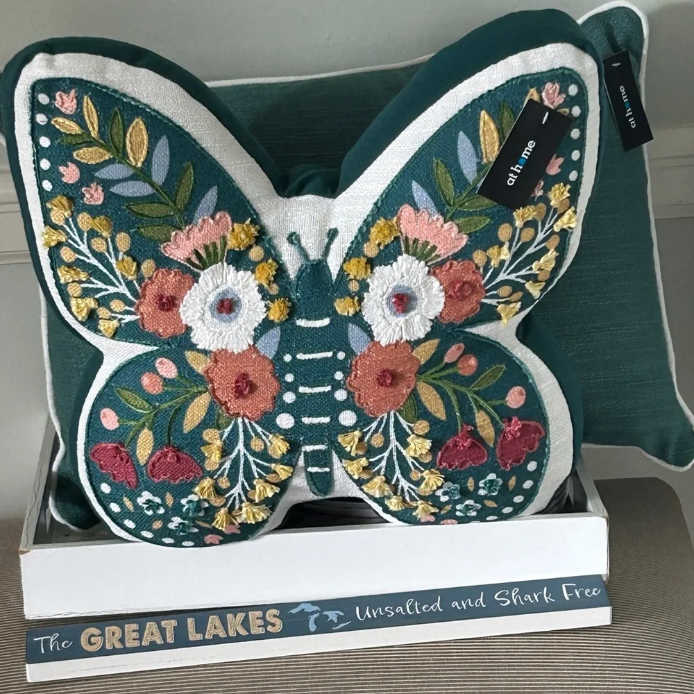 Floral Embroidered Accent Pillow Butterfly Shape 15 x 16 x 4 New With Tags Teal